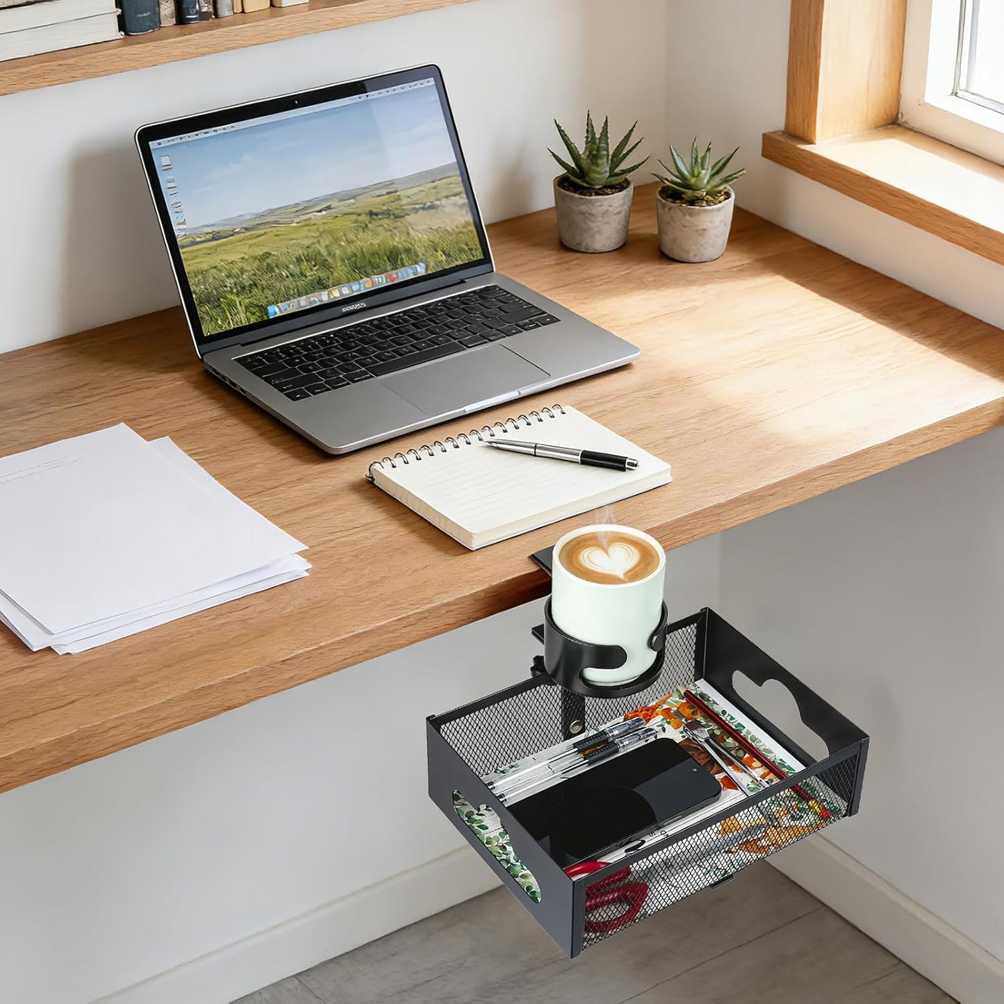 Desk Cup Holder Clamp, Anti-Spill Clip On Table Cup Holder Rotatable | Water Bottle Stand Drink Coffee Mug Storage, Office Accessories for Home and School (Black)