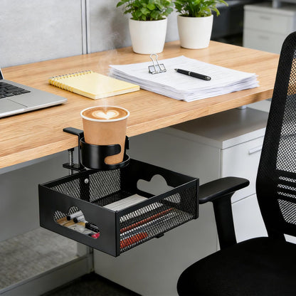 Desk Cup Holder Clamp, Anti-Spill Clip On Table Cup Holder Rotatable | Water Bottle Stand Drink Coffee Mug Storage, Office Accessories for Home and School (Black)
