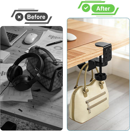 Desk Cup Holder Clamp, Anti-Spill Clip On Table Cup Holder Rotatable | Water Bottle Stand Drink Coffee Mug Storage, Office Accessories for Home and School (Black)