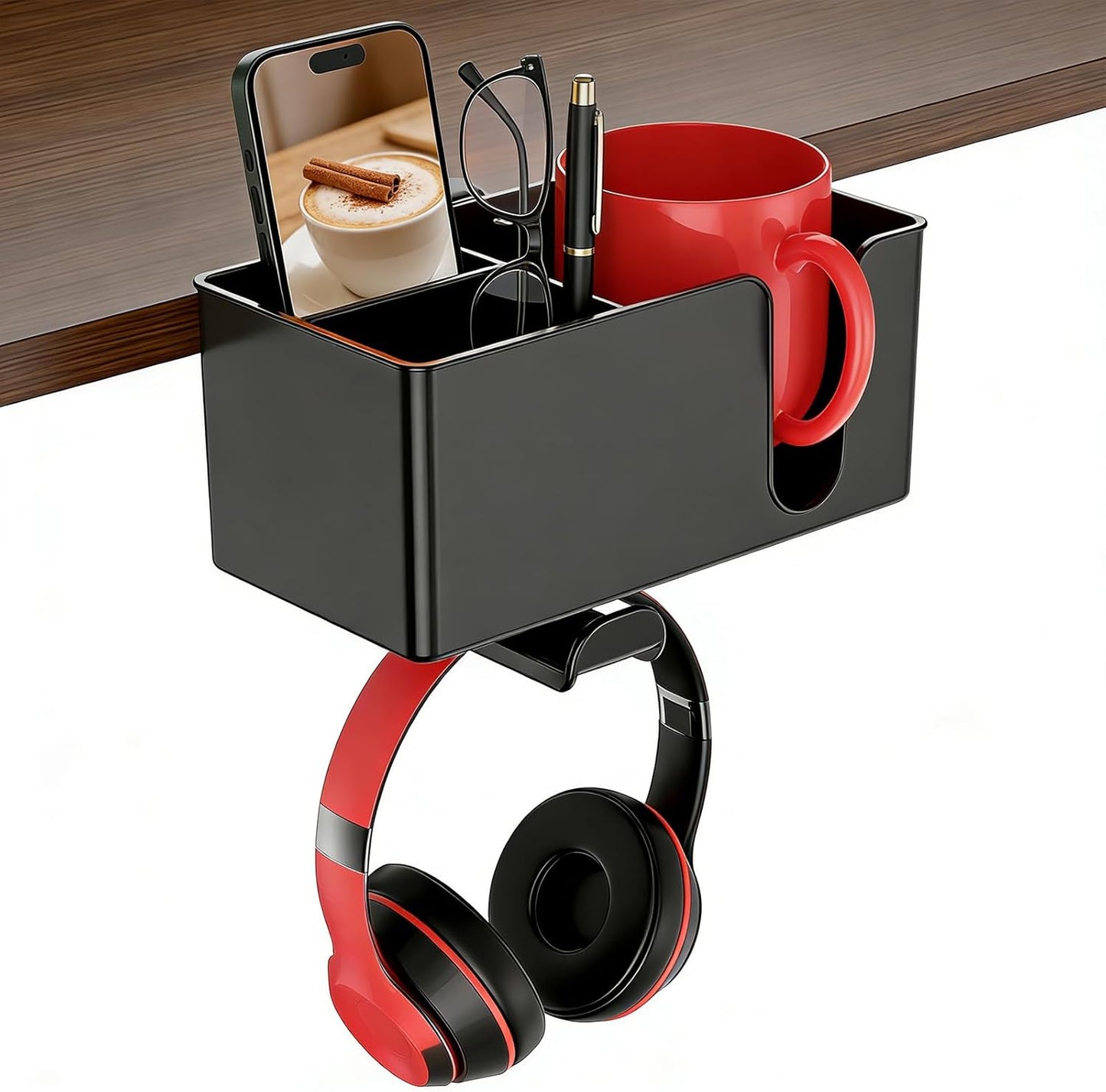 Desk Cup Holder Clamp, Anti-Spill Clip On Table Cup Holder Rotatable | Water Bottle Stand Drink Coffee Mug Storage, Office Accessories for Home and School (Black)