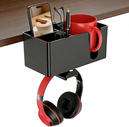 Desk Cup Holder Clamp, Anti-Spill Clip On Table Cup Holder Rotatable | Water Bottle Stand Drink Coffee Mug Storage, Office Accessories for Home and School (Black)