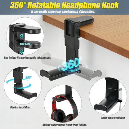 Desk Cup Holder Clamp, Anti-Spill Clip On Table Cup Holder Rotatable | Water Bottle Stand Drink Coffee Mug Storage, Office Accessories for Home and School (Black)
