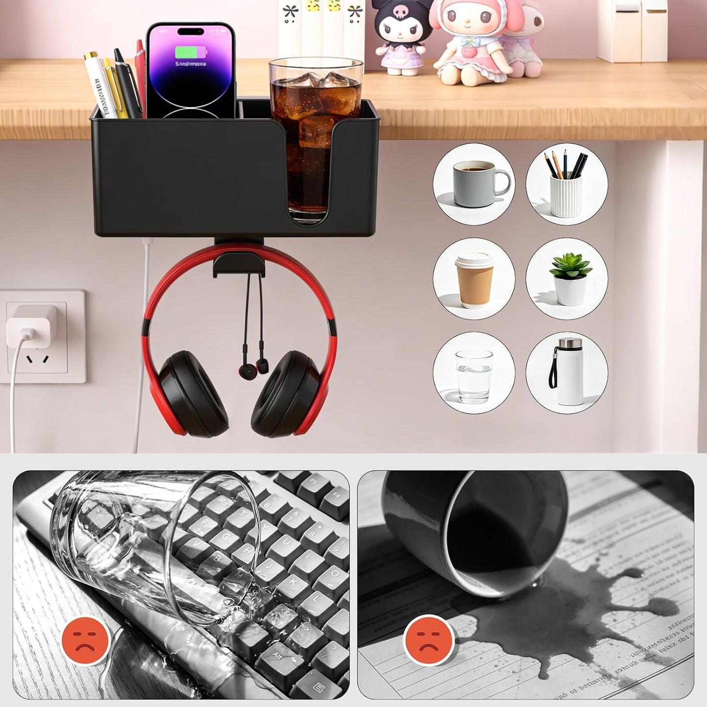 Desk Cup Holder Clamp, Anti-Spill Clip On Table Cup Holder Rotatable | Water Bottle Stand Drink Coffee Mug Storage, Office Accessories for Home and School (Black)