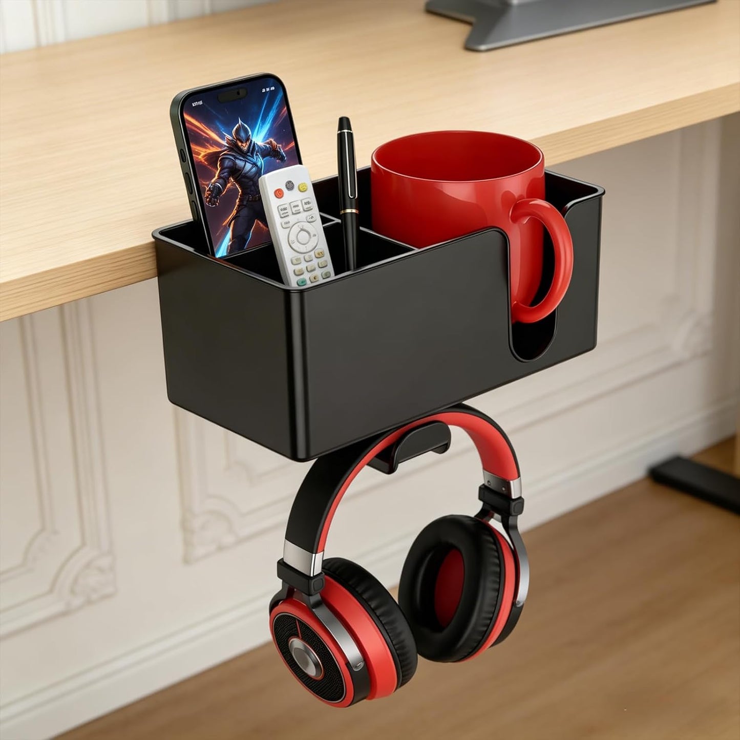 Desk Cup Holder Clamp, Anti-Spill Clip On Table Cup Holder Rotatable | Water Bottle Stand Drink Coffee Mug Storage, Office Accessories for Home and School (Black)