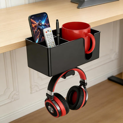 Desk Cup Holder Clamp, Anti-Spill Clip On Table Cup Holder Rotatable | Water Bottle Stand Drink Coffee Mug Storage, Office Accessories for Home and School (Black)