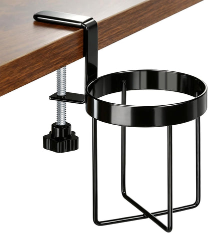 Desk Cup Holder Clamp, Anti-Spill Clip On Table Cup Holder Rotatable | Water Bottle Stand Drink Coffee Mug Storage, Office Accessories for Home and School (Black)