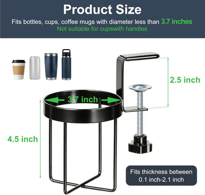 Desk Cup Holder Clamp, Anti-Spill Clip On Table Cup Holder Rotatable | Water Bottle Stand Drink Coffee Mug Storage, Office Accessories for Home and School (Black)