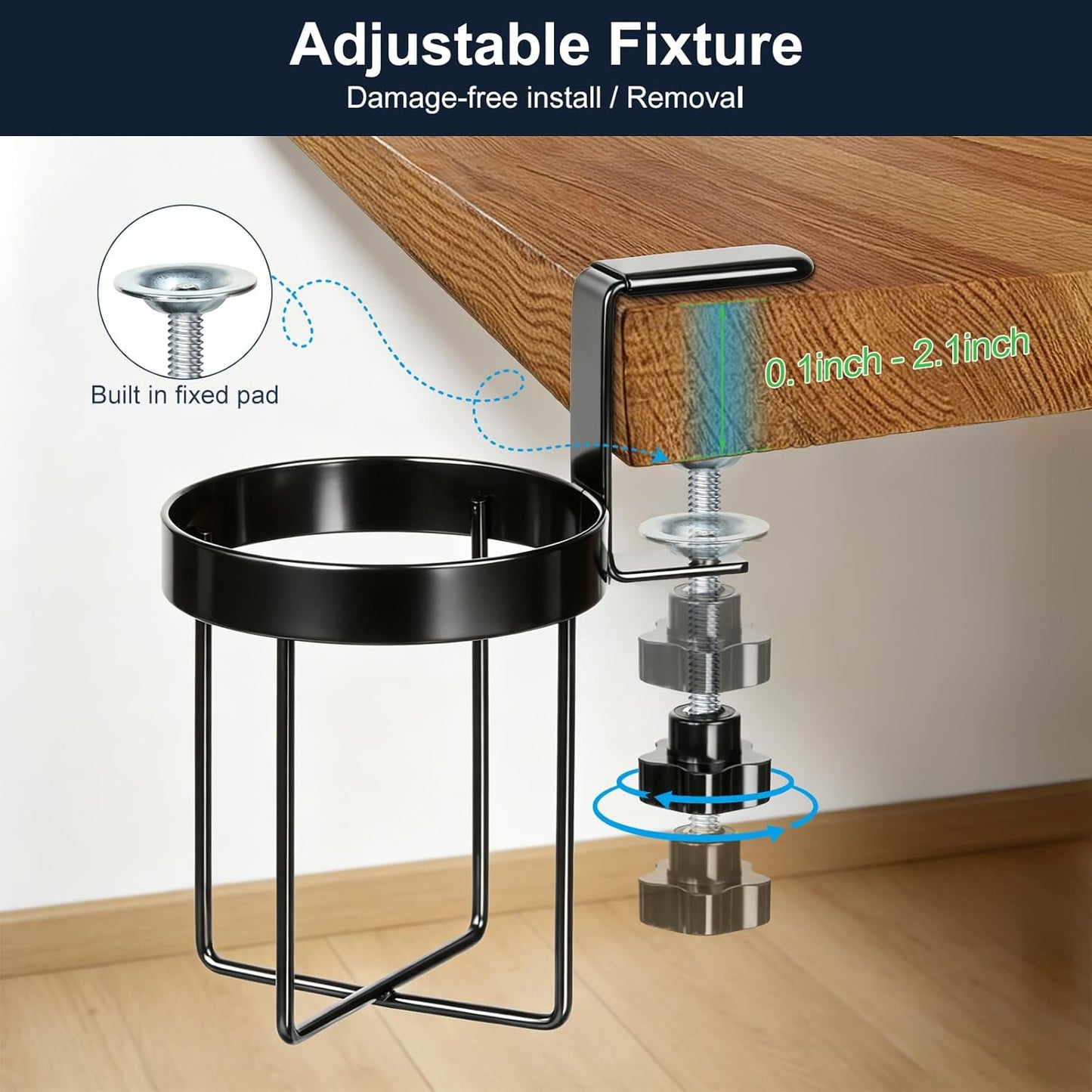 Desk Cup Holder Clamp, Anti-Spill Clip On Table Cup Holder Rotatable | Water Bottle Stand Drink Coffee Mug Storage, Office Accessories for Home and School (Black)