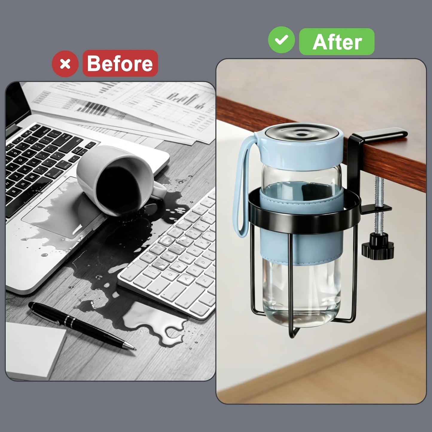 Desk Cup Holder Clamp, Anti-Spill Clip On Table Cup Holder Rotatable | Water Bottle Stand Drink Coffee Mug Storage, Office Accessories for Home and School (Black)