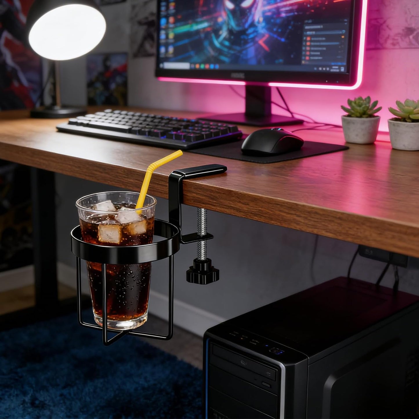 Desk Cup Holder Clamp, Anti-Spill Clip On Table Cup Holder Rotatable | Water Bottle Stand Drink Coffee Mug Storage, Office Accessories for Home and School (Black)