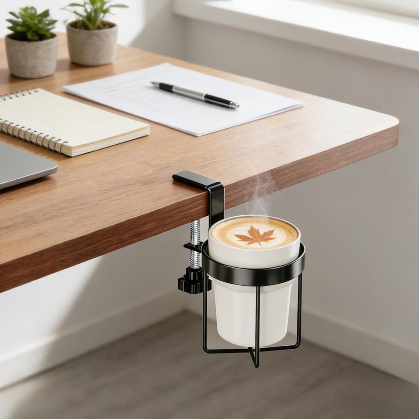 Desk Cup Holder Clamp, Anti-Spill Clip On Table Cup Holder Rotatable | Water Bottle Stand Drink Coffee Mug Storage, Office Accessories for Home and School (Black)