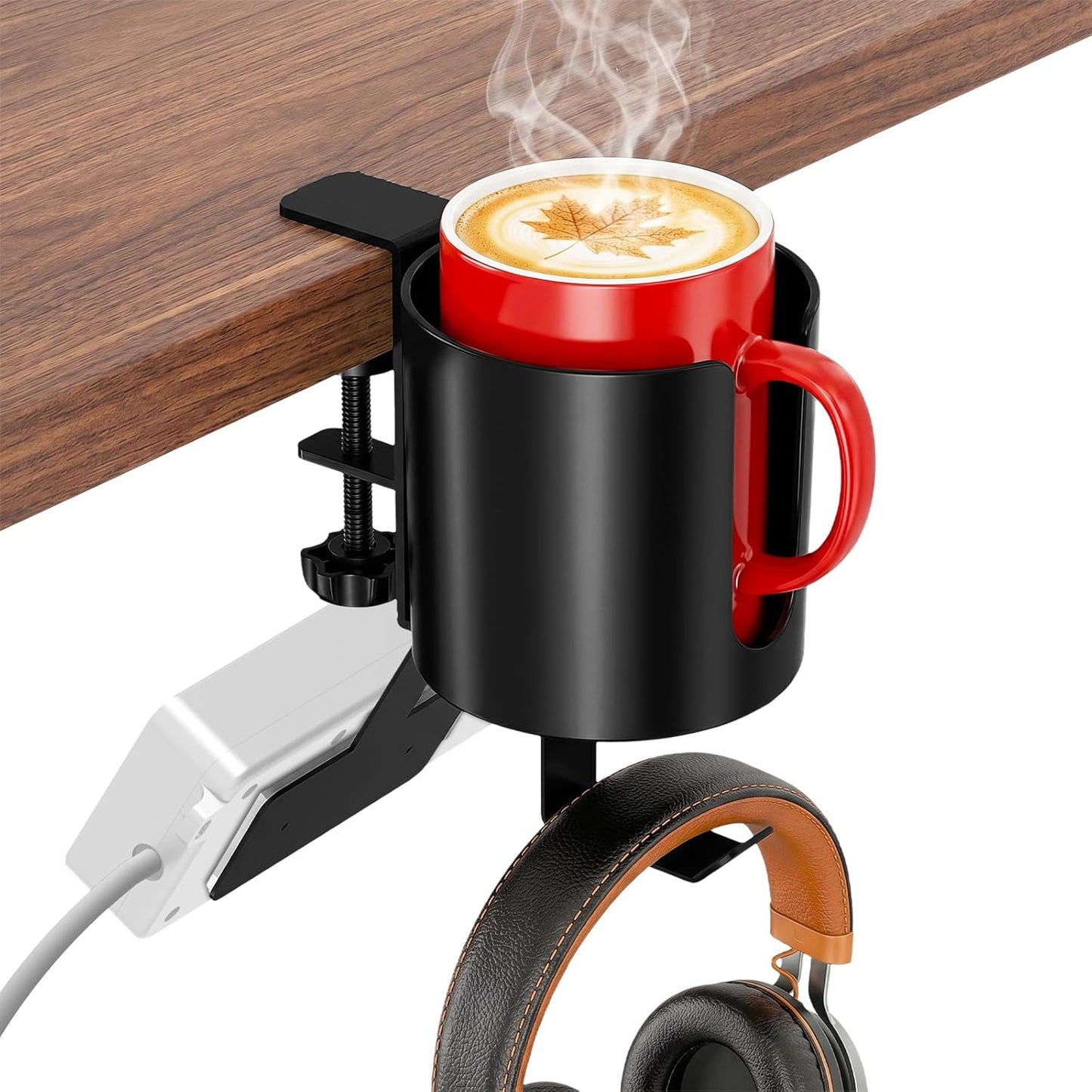 Desk Cup Holder Clamp, Anti-Spill Clip On Table Cup Holder Rotatable | Water Bottle Stand Drink Coffee Mug Storage, Office Accessories for Home and School (Black)