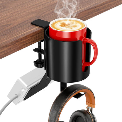 Desk Cup Holder Clamp, Anti-Spill Clip On Table Cup Holder Rotatable | Water Bottle Stand Drink Coffee Mug Storage, Office Accessories for Home and School (Black)