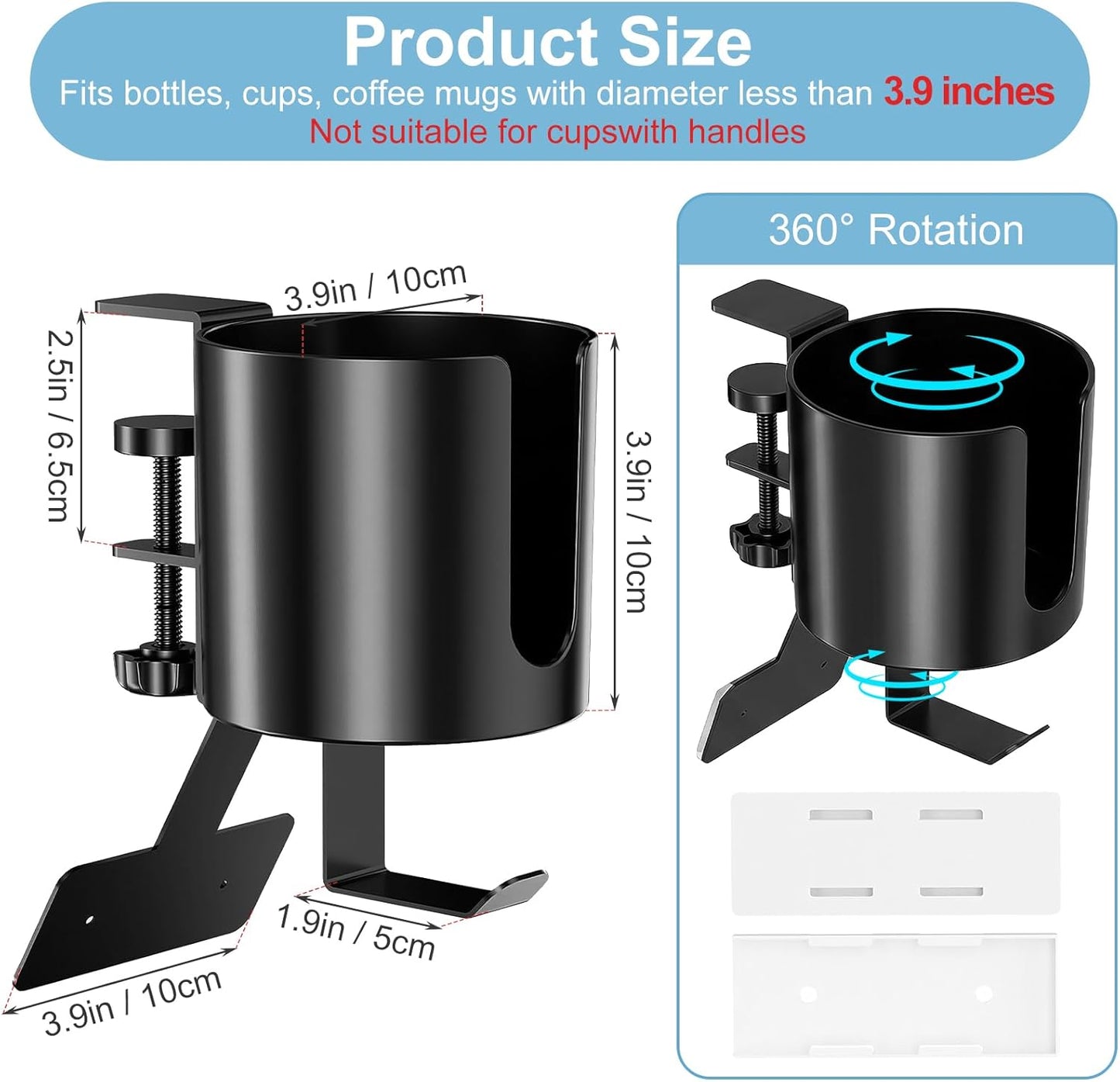 Desk Cup Holder Clamp, Anti-Spill Clip On Table Cup Holder Rotatable | Water Bottle Stand Drink Coffee Mug Storage, Office Accessories for Home and School (Black)