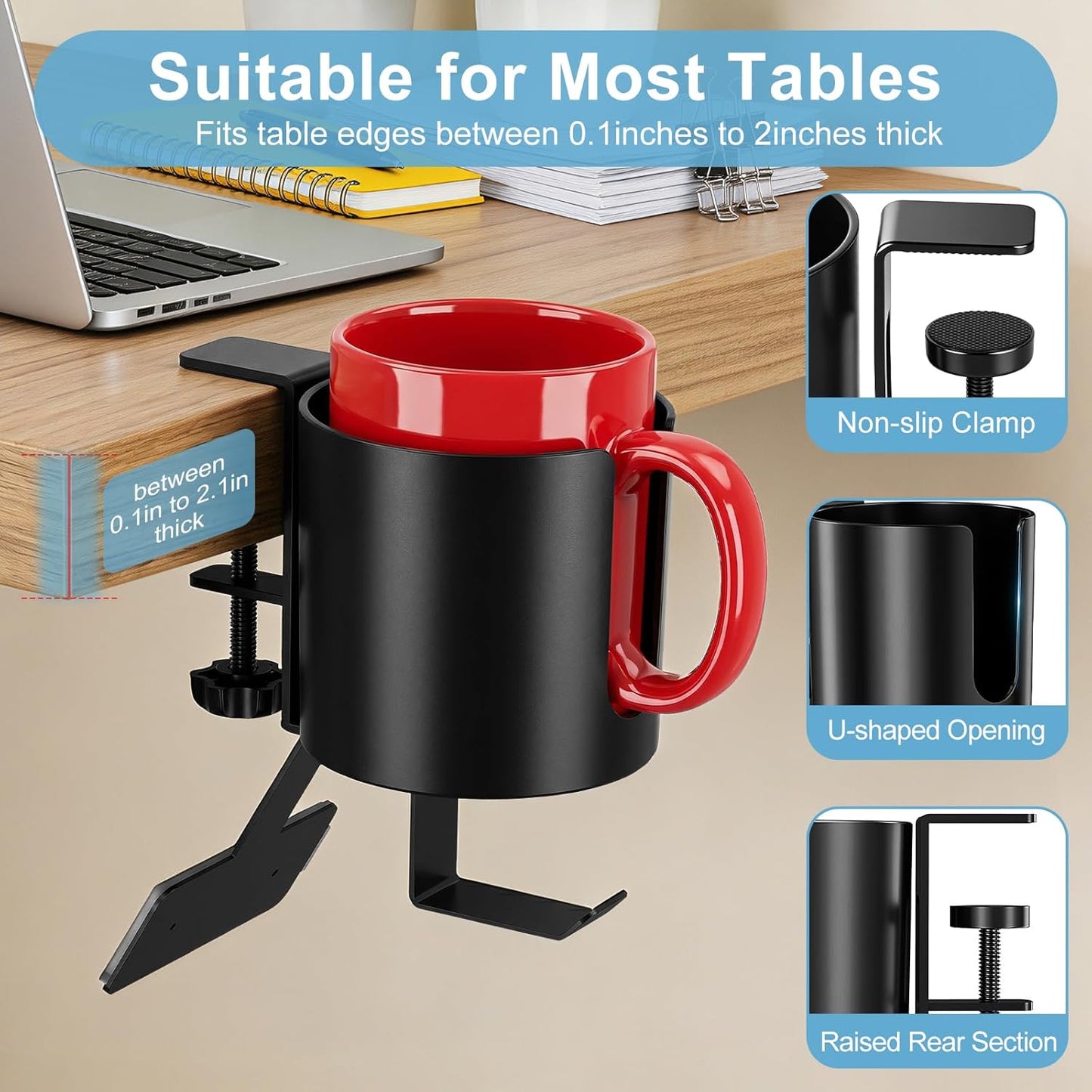 Desk Cup Holder Clamp, Anti-Spill Clip On Table Cup Holder Rotatable | Water Bottle Stand Drink Coffee Mug Storage, Office Accessories for Home and School (Black)