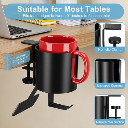 Desk Cup Holder Clamp, Anti-Spill Clip On Table Cup Holder Rotatable | Water Bottle Stand Drink Coffee Mug Storage, Office Accessories for Home and School (Black)