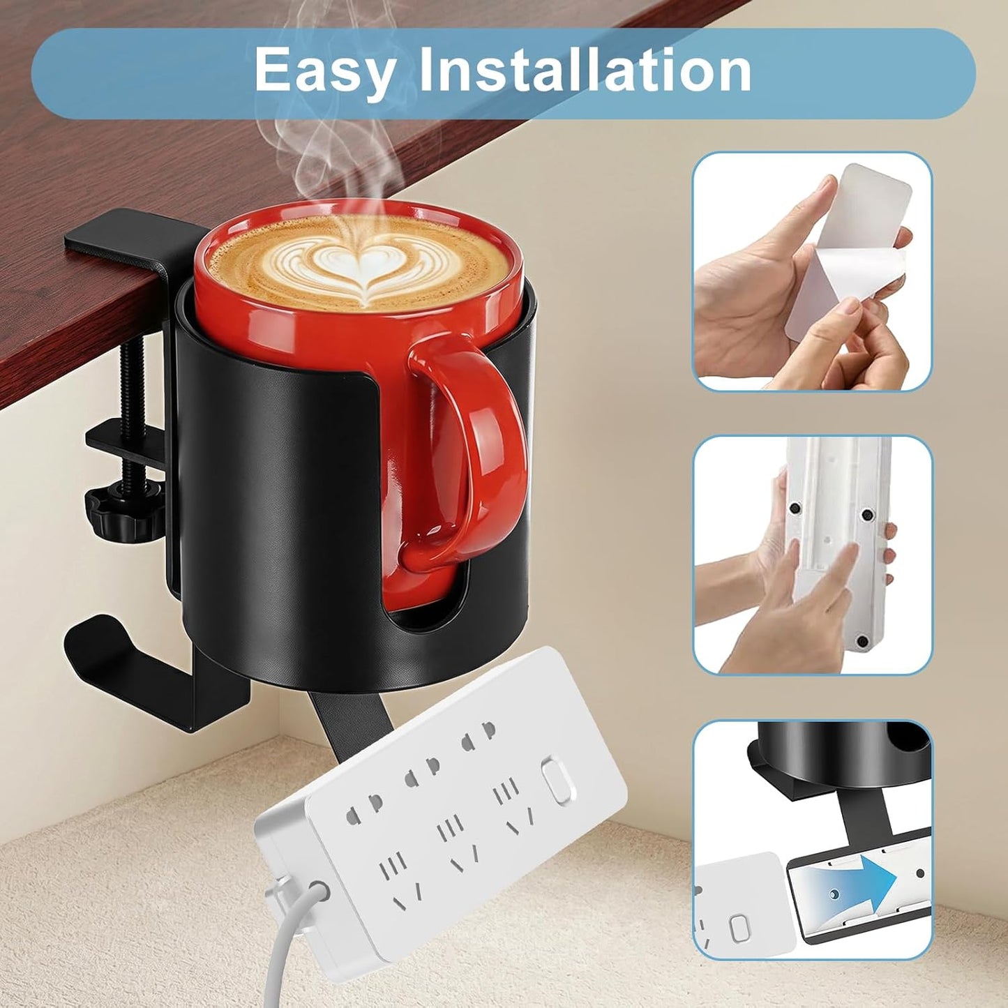 Desk Cup Holder Clamp, Anti-Spill Clip On Table Cup Holder Rotatable | Water Bottle Stand Drink Coffee Mug Storage, Office Accessories for Home and School (Black)