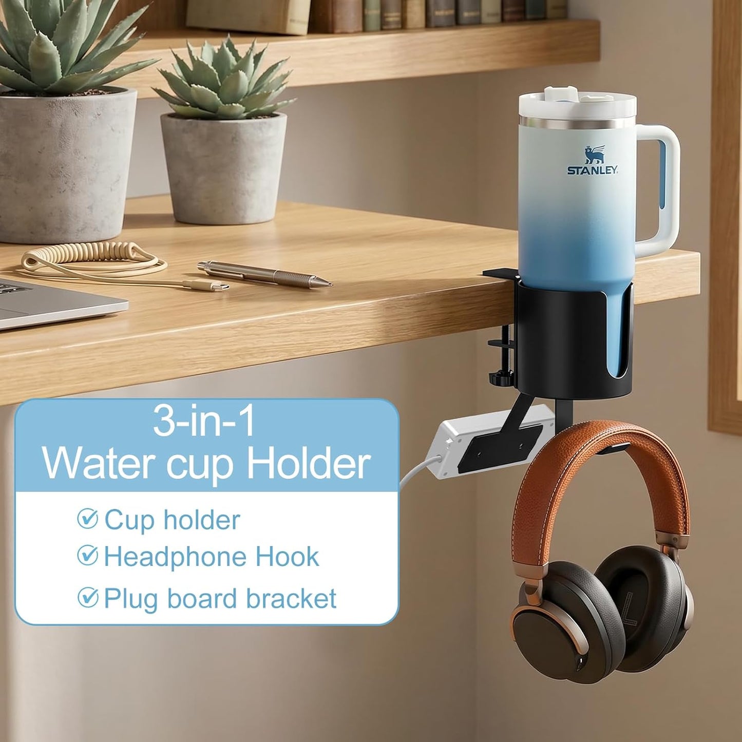 Desk Cup Holder Clamp, Anti-Spill Clip On Table Cup Holder Rotatable | Water Bottle Stand Drink Coffee Mug Storage, Office Accessories for Home and School (Black)