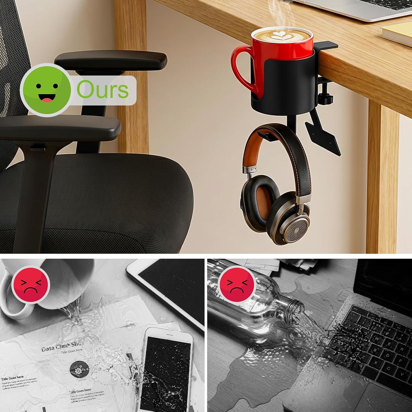 Desk Cup Holder Clamp, Anti-Spill Clip On Table Cup Holder Rotatable | Water Bottle Stand Drink Coffee Mug Storage, Office Accessories for Home and School (Black)