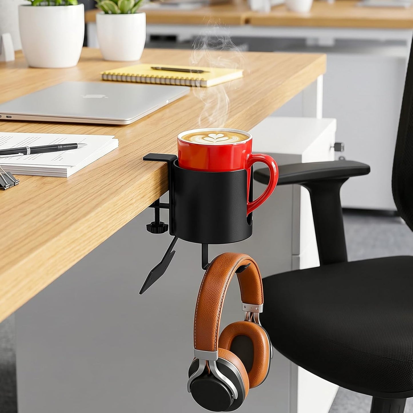 Desk Cup Holder Clamp, Anti-Spill Clip On Table Cup Holder Rotatable | Water Bottle Stand Drink Coffee Mug Storage, Office Accessories for Home and School (Black)
