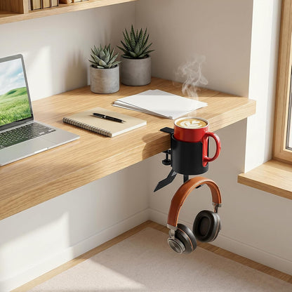 Desk Cup Holder Clamp, Anti-Spill Clip On Table Cup Holder Rotatable | Water Bottle Stand Drink Coffee Mug Storage, Office Accessories for Home and School (Black)
