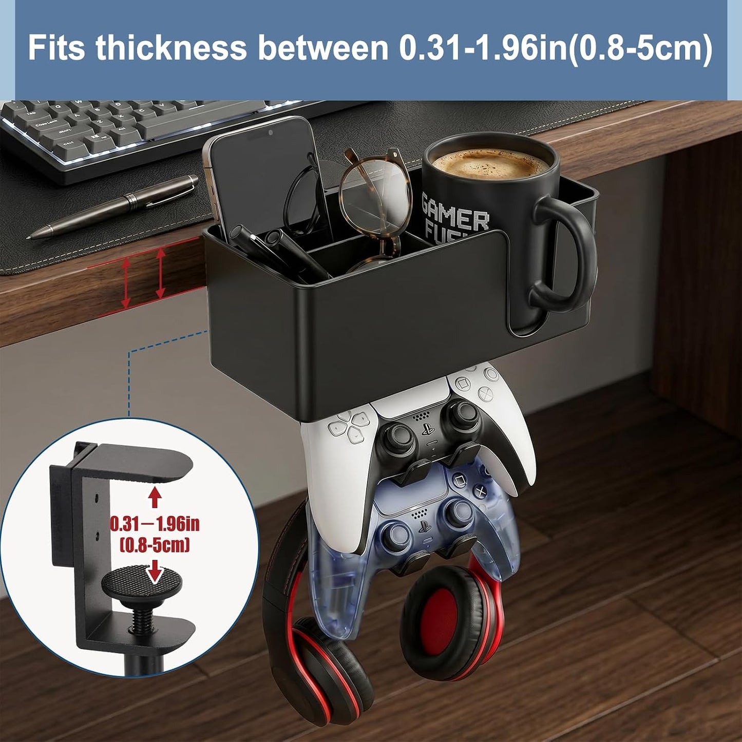 Desk Cup Holder Clamp, Anti-Spill Clip On Table Cup Holder Rotatable | Water Bottle Stand Drink Coffee Mug Storage, Office Accessories for Home and School (Black)
