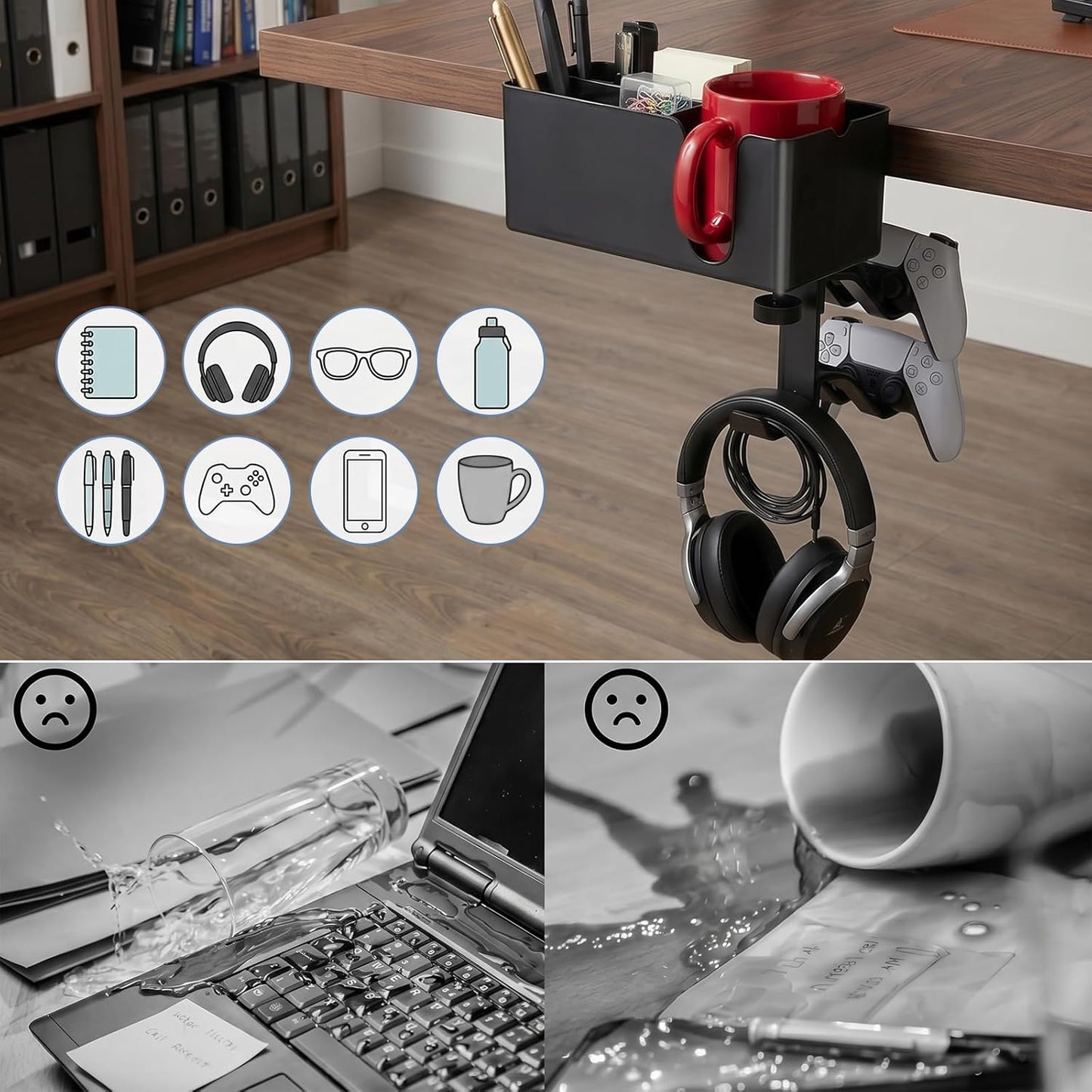 Desk Cup Holder Clamp, Anti-Spill Clip On Table Cup Holder Rotatable | Water Bottle Stand Drink Coffee Mug Storage, Office Accessories for Home and School (Black)