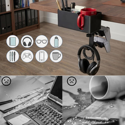 Desk Cup Holder Clamp, Anti-Spill Clip On Table Cup Holder Rotatable | Water Bottle Stand Drink Coffee Mug Storage, Office Accessories for Home and School (Black)