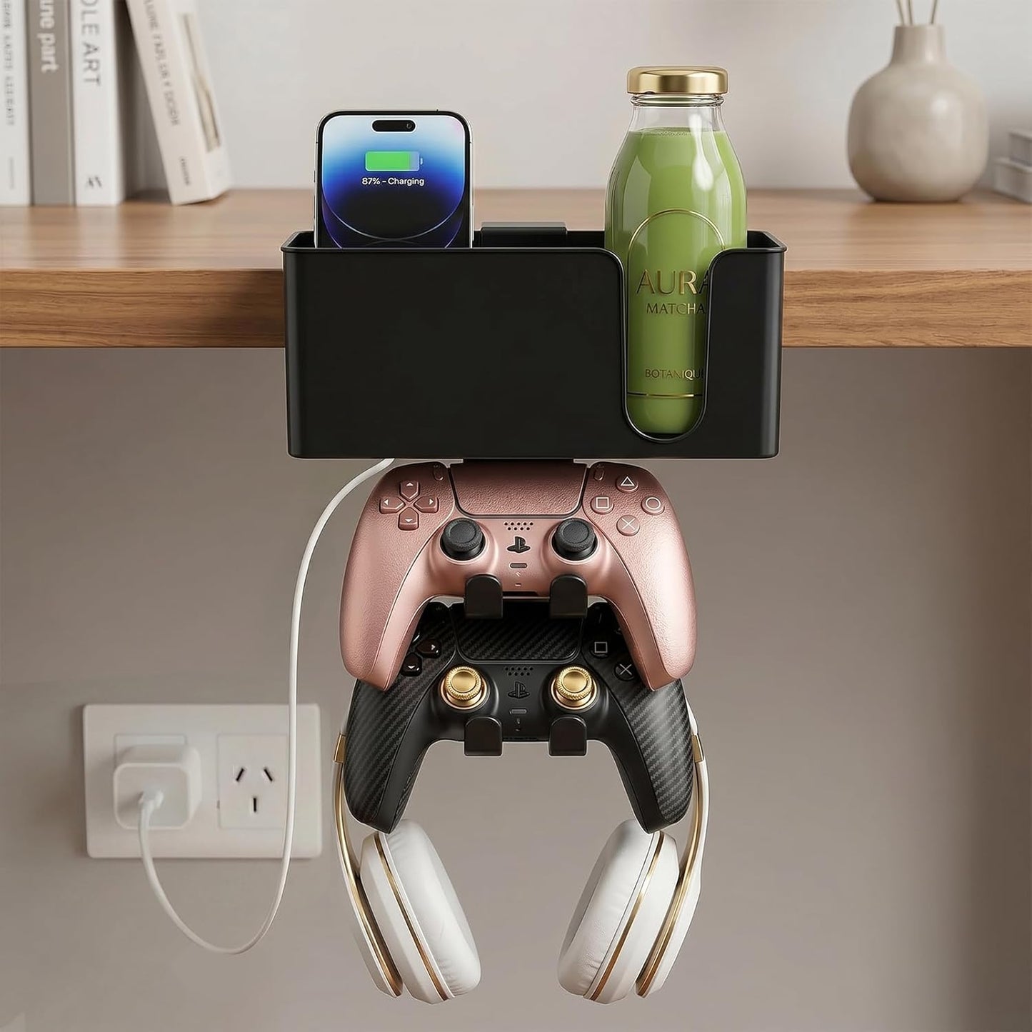 Desk Cup Holder Clamp, Anti-Spill Clip On Table Cup Holder Rotatable | Water Bottle Stand Drink Coffee Mug Storage, Office Accessories for Home and School (Black)