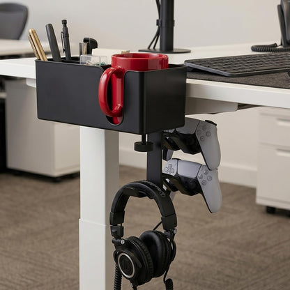 Desk Cup Holder Clamp, Anti-Spill Clip On Table Cup Holder Rotatable | Water Bottle Stand Drink Coffee Mug Storage, Office Accessories for Home and School (Black)