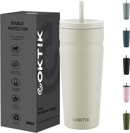 24oz Insulated Tumbler with Lid and Straw Iced Coffee Cup Reusable Stainless Steel Travel Mug Water Bottle Cupholder Friendly for Women Men Her Him (Bay Leaf)