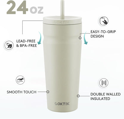 24oz Insulated Tumbler with Lid and Straw Iced Coffee Cup Reusable Stainless Steel Travel Mug Water Bottle Cupholder Friendly for Women Men Her Him (Bay Leaf)