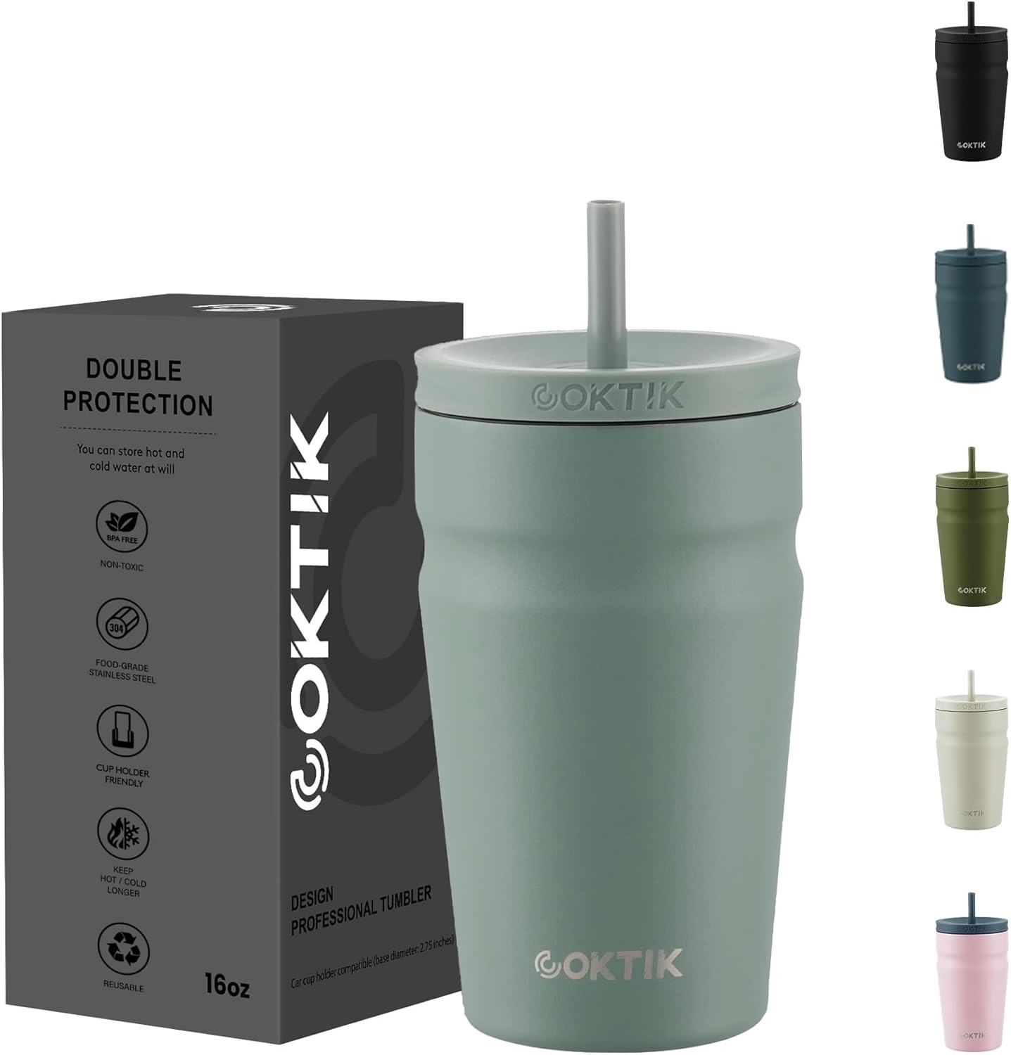 24oz Insulated Tumbler with Lid and Straw Iced Coffee Cup Reusable Stainless Steel Travel Mug Water Bottle Cupholder Friendly for Women Men Her Him (Bay Leaf)