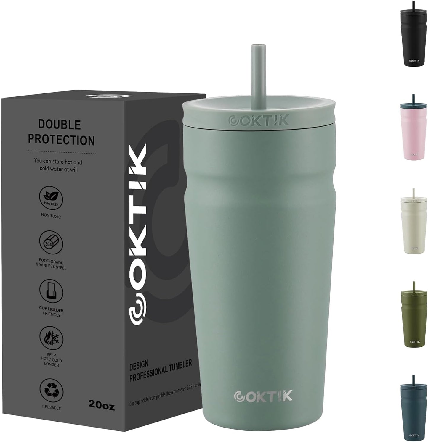 24oz Insulated Tumbler with Lid and Straw Iced Coffee Cup Reusable Stainless Steel Travel Mug Water Bottle Cupholder Friendly for Women Men Her Him (Bay Leaf)