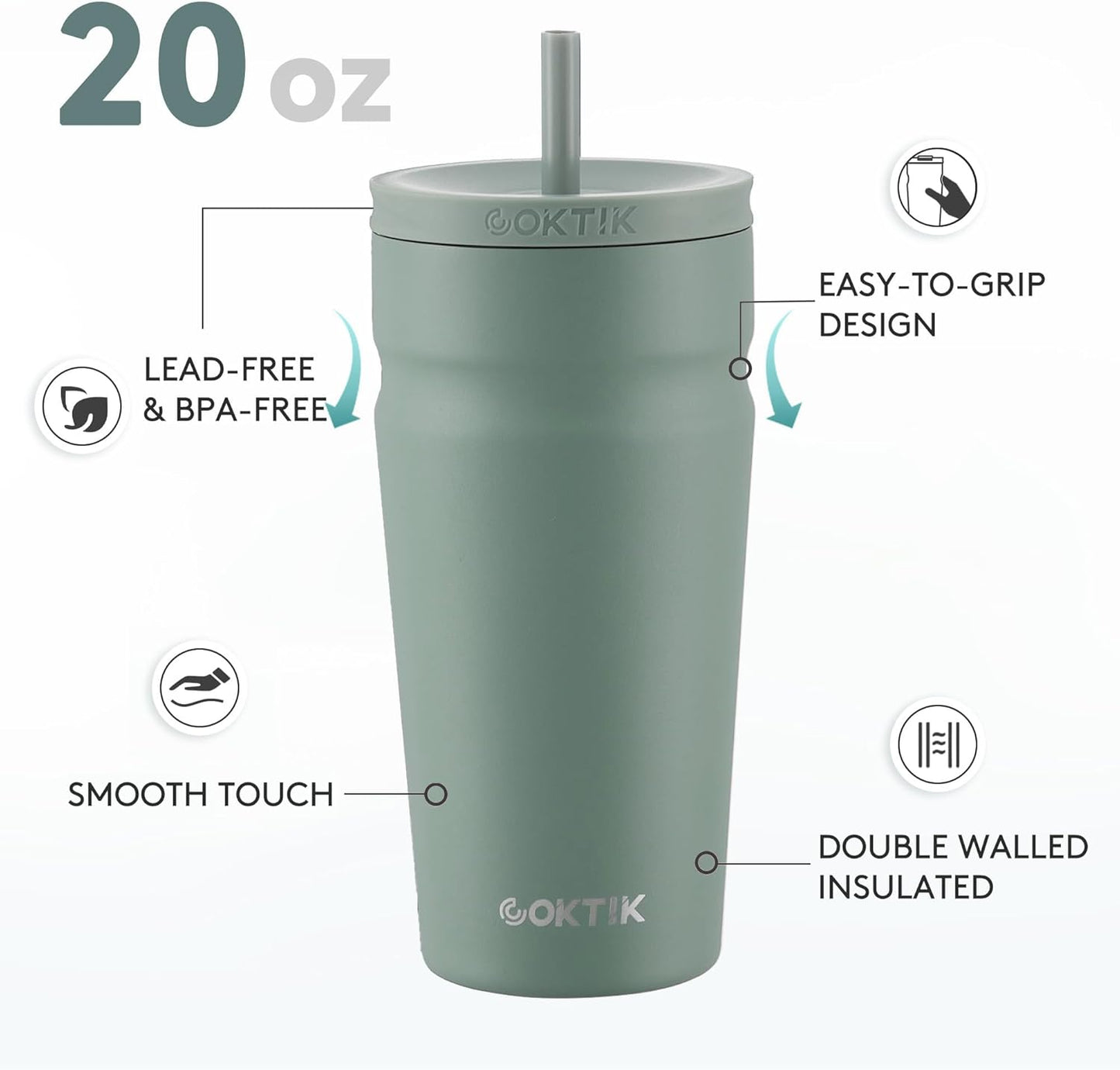 24oz Insulated Tumbler with Lid and Straw Iced Coffee Cup Reusable Stainless Steel Travel Mug Water Bottle Cupholder Friendly for Women Men Her Him (Bay Leaf)