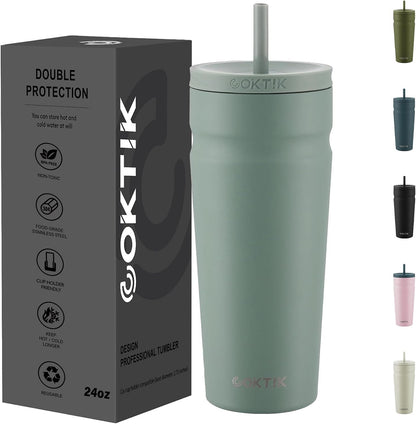 24oz Insulated Tumbler with Lid and Straw Iced Coffee Cup Reusable Stainless Steel Travel Mug Water Bottle Cupholder Friendly for Women Men Her Him (Bay Leaf)