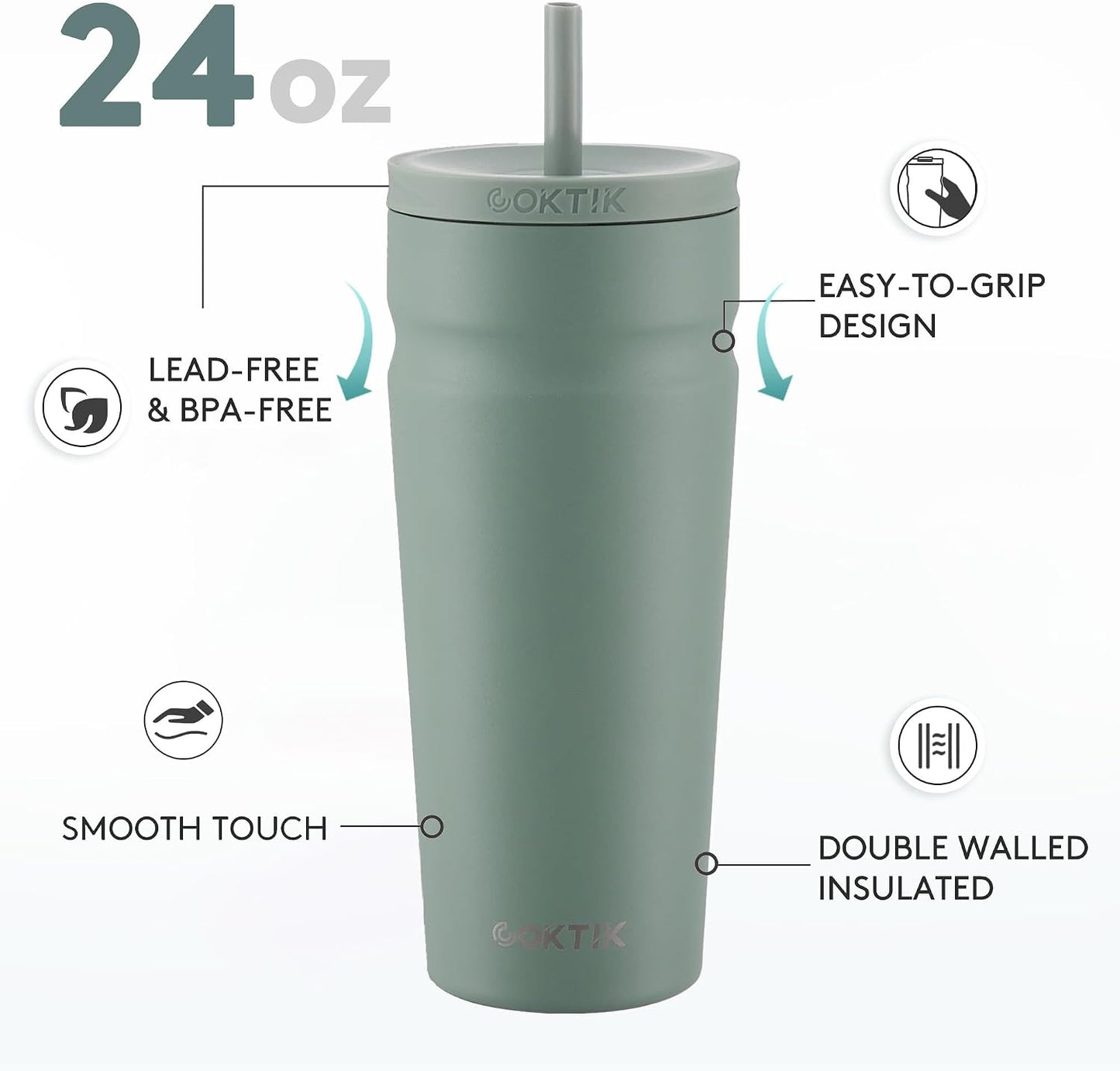 24oz Insulated Tumbler with Lid and Straw Iced Coffee Cup Reusable Stainless Steel Travel Mug Water Bottle Cupholder Friendly for Women Men Her Him (Bay Leaf)