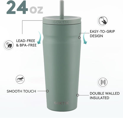24oz Insulated Tumbler with Lid and Straw Iced Coffee Cup Reusable Stainless Steel Travel Mug Water Bottle Cupholder Friendly for Women Men Her Him (Bay Leaf)