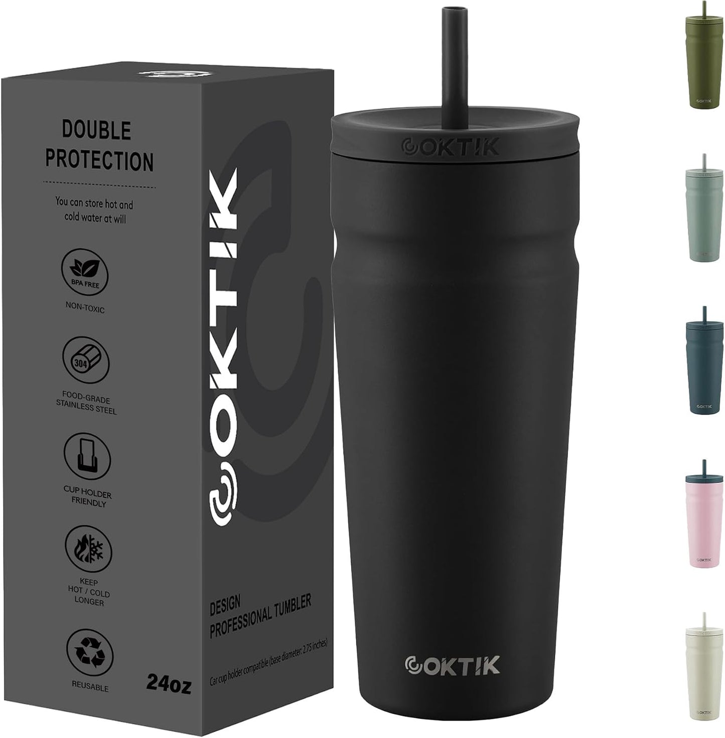 24oz Insulated Tumbler with Lid and Straw Iced Coffee Cup Reusable Stainless Steel Travel Mug Water Bottle Cupholder Friendly for Women Men Her Him (Bay Leaf)