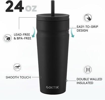 24oz Insulated Tumbler with Lid and Straw Iced Coffee Cup Reusable Stainless Steel Travel Mug Water Bottle Cupholder Friendly for Women Men Her Him (Bay Leaf)