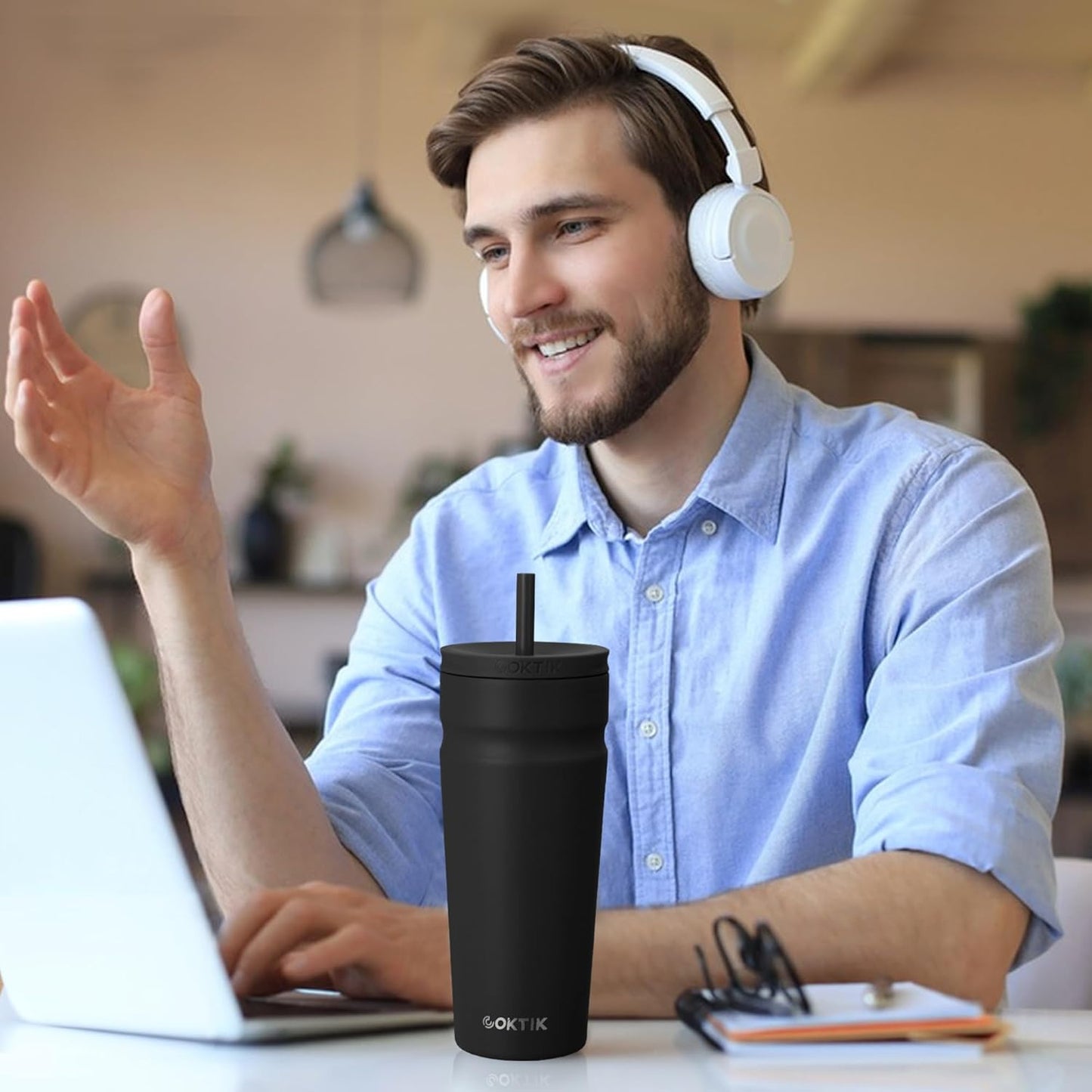 24oz Insulated Tumbler with Lid and Straw Iced Coffee Cup Reusable Stainless Steel Travel Mug Water Bottle Cupholder Friendly for Women Men Her Him (Bay Leaf)