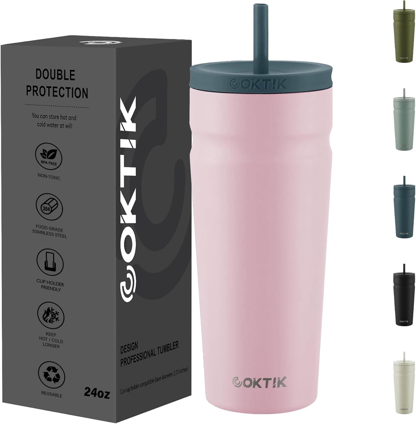 24oz Insulated Tumbler with Lid and Straw Iced Coffee Cup Reusable Stainless Steel Travel Mug Water Bottle Cupholder Friendly for Women Men Her Him (Bay Leaf)