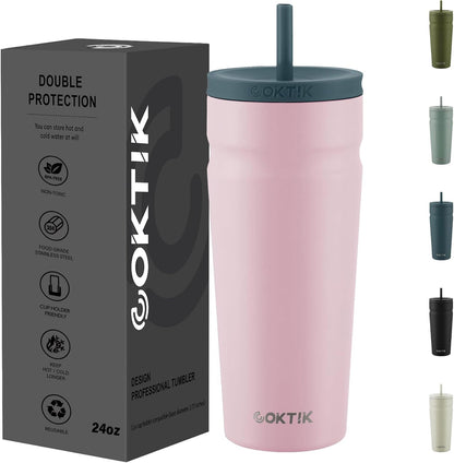 24oz Insulated Tumbler with Lid and Straw Iced Coffee Cup Reusable Stainless Steel Travel Mug Water Bottle Cupholder Friendly for Women Men Her Him (Bay Leaf)