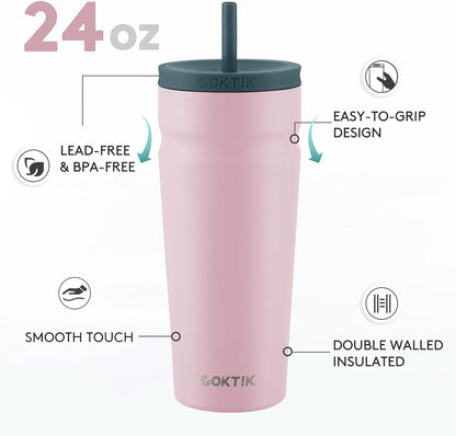 24oz Insulated Tumbler with Lid and Straw Iced Coffee Cup Reusable Stainless Steel Travel Mug Water Bottle Cupholder Friendly for Women Men Her Him (Bay Leaf)