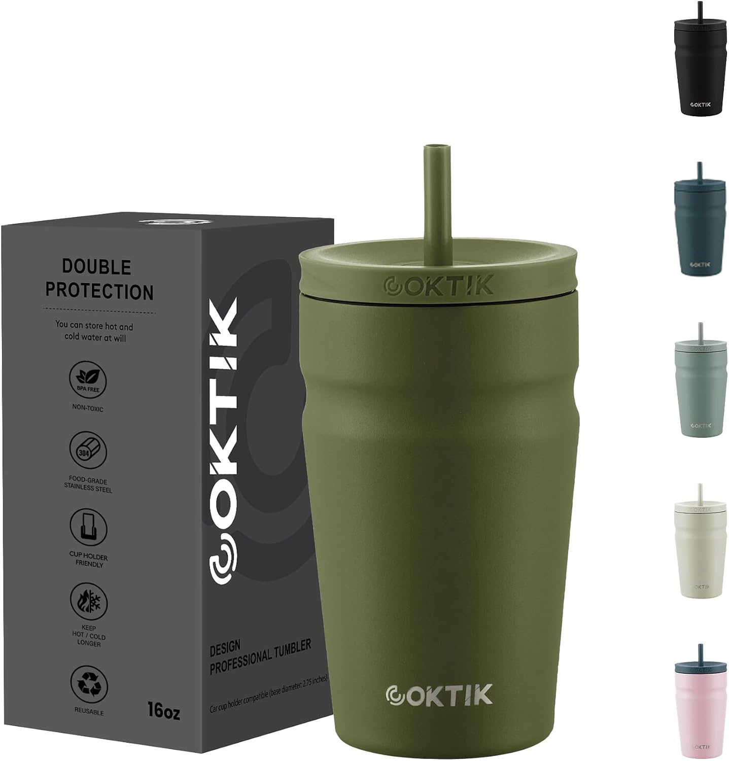 24oz Insulated Tumbler with Lid and Straw Iced Coffee Cup Reusable Stainless Steel Travel Mug Water Bottle Cupholder Friendly for Women Men Her Him (Bay Leaf)