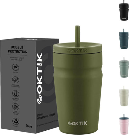 24oz Insulated Tumbler with Lid and Straw Iced Coffee Cup Reusable Stainless Steel Travel Mug Water Bottle Cupholder Friendly for Women Men Her Him (Bay Leaf)