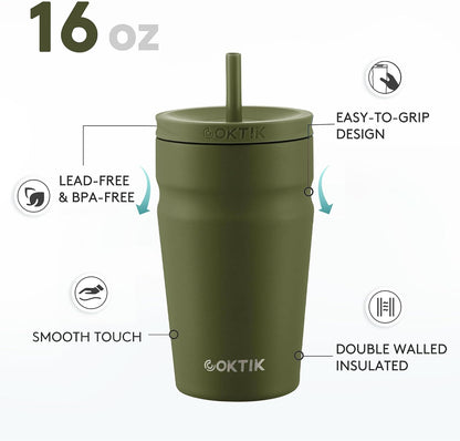24oz Insulated Tumbler with Lid and Straw Iced Coffee Cup Reusable Stainless Steel Travel Mug Water Bottle Cupholder Friendly for Women Men Her Him (Bay Leaf)