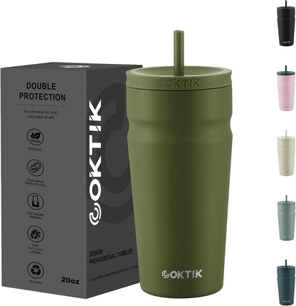 24oz Insulated Tumbler with Lid and Straw Iced Coffee Cup Reusable Stainless Steel Travel Mug Water Bottle Cupholder Friendly for Women Men Her Him (Bay Leaf)