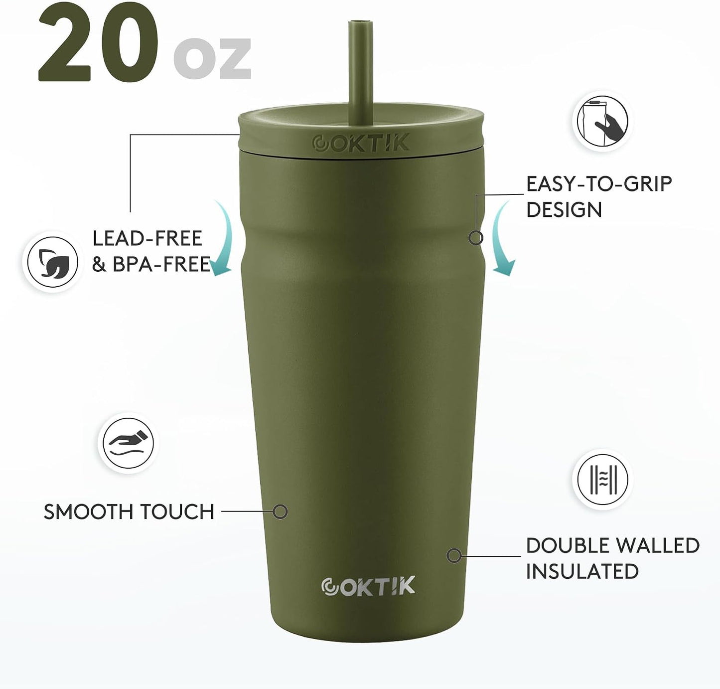 24oz Insulated Tumbler with Lid and Straw Iced Coffee Cup Reusable Stainless Steel Travel Mug Water Bottle Cupholder Friendly for Women Men Her Him (Bay Leaf)