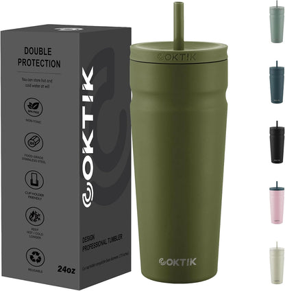 24oz Insulated Tumbler with Lid and Straw Iced Coffee Cup Reusable Stainless Steel Travel Mug Water Bottle Cupholder Friendly for Women Men Her Him (Bay Leaf)